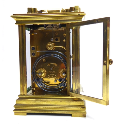 268 - A 19TH CENTURY FRENCH GILT BRASS REPEATER CARRIAGE CLOCK
Having a carry handle, four bevelled glass ... 