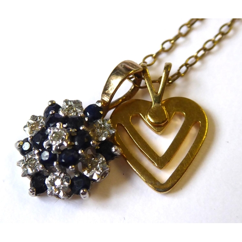 206 - A SAPPHIRE AND DIAMOND DAISY CLUSTER PENDANT
On a yellow metal chain.
(1.2cm)