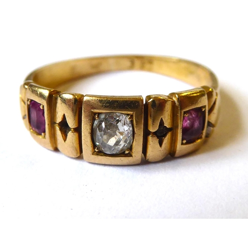 255 - A LATE VICTORIAN/EDWARDIAN HALLMARKED 18CT GOLD, RUBY AND DIAMOND RING
The old cut diamond bezel set... 