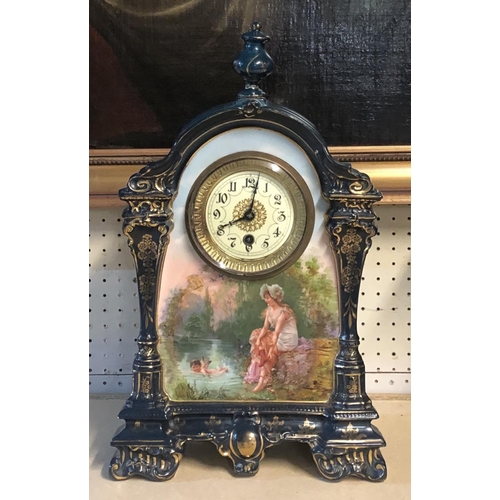 275 - A LATE 19TH CENTURY FRENCH CHINA CASED MANTLE CLOCK
With gilt and enamelled dial above a decorated p... 