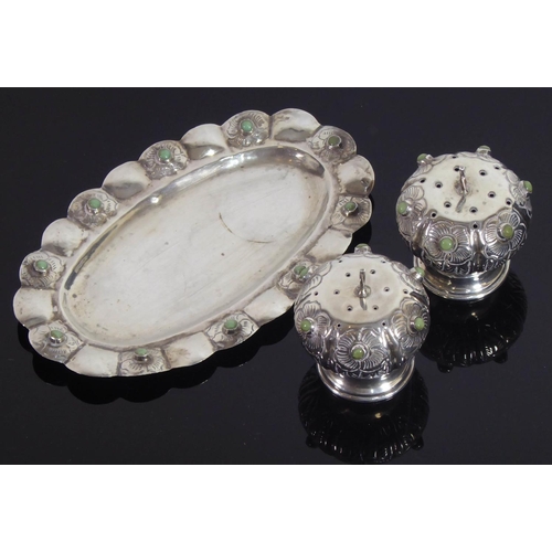 273 - A CONTINENTAL SILVER 925 CRUET ON TRAYOf melon form set with semiprecious stones.(13cm x 5cm)