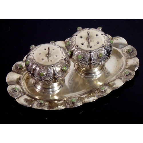 273 - A CONTINENTAL SILVER 925 CRUET ON TRAYOf melon form set with semiprecious stones.(13cm x 5cm)