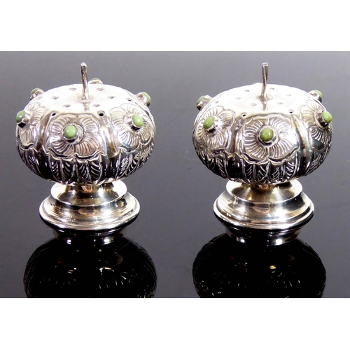 273 - A CONTINENTAL SILVER 925 CRUET ON TRAYOf melon form set with semiprecious stones.(13cm x 5cm)
