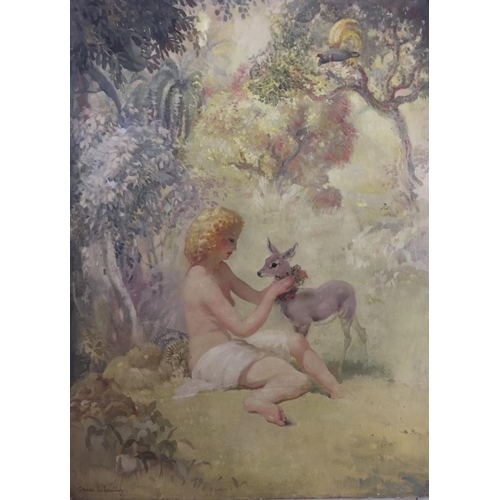 667 - EDITH GRACE WHEATLEY (1888-1970) A 20TH CENTURY OIL ON CANVAS FEMALE NUDE With a Buck / Doe in a woo... 