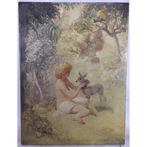 667 - EDITH GRACE WHEATLEY (1888-1970) A 20TH CENTURY OIL ON CANVAS FEMALE NUDE With a Buck / Doe in a woo... 