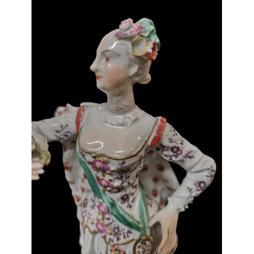 362 - DERBY, A PAIR OF PORCELAIN FIGURES OF RANELAGH DANCERS, CIRCA 1765
Both with an arm extended and hol... 