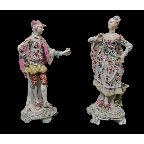362 - DERBY, A PAIR OF PORCELAIN FIGURES OF RANELAGH DANCERS, CIRCA 1765
Both with an arm extended and hol... 