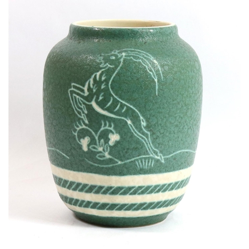 383 - GMUNDER KERAMIK, AUSTRIAN, AN ART DECO SHOULDERED VASE
Sgrafitto decorated with leaping gazelles ami... 