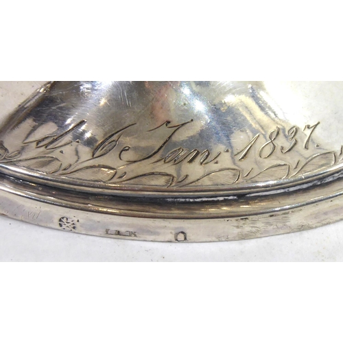 64 - A 19TH CONTINENTAL SILVER TAZZA DISH
Twin swan neck handles, oval form with flutes, inscribed to bas... 