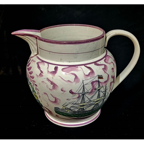 102 - AN EARLY 19TH CENTURY SUNDERLAND LUSTRE POTTERY JUG
Black transfer decoration of a Naval Ship over i... 