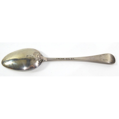 13 - A GEORGIAN SILVER DESSERT SPOON
Having shell decoration to bowl and engraved 1761, hallmarked London... 