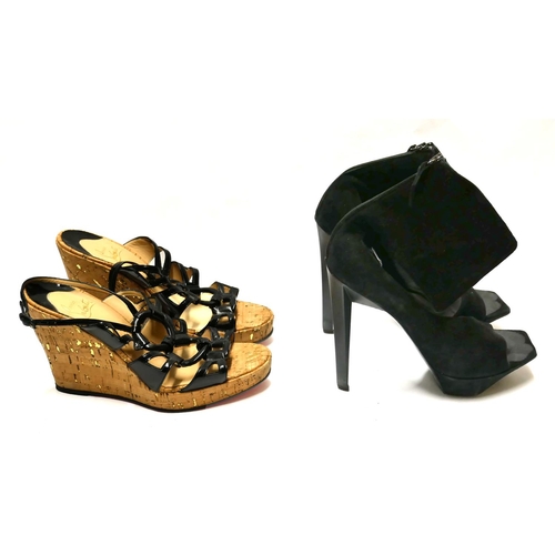 177 - CHRISTIAN LOUBOUTIN, BLACK PATENT LEATHER AND CORK WEDGES
(size 39.5), along with a pair of Jil Sand... 