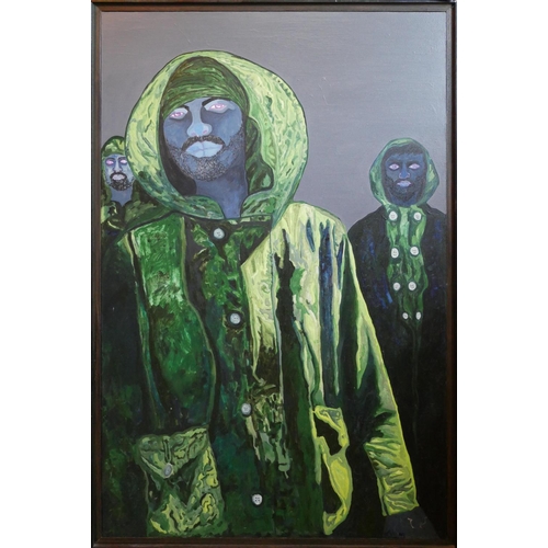 25 - KRITI ARORA, B. 1972, OIL ON CANVAS PORTRAIT
Titled ‘The Urban Guerilla 1’, hooded figures in green ... 