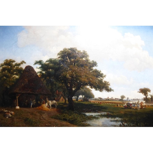 988 - CHARLES-THÉODORE FRÈRE, 1814 - 1888, AN EARLY WORK OIL ON CANVAS
Riverside landscape, fieldworkers o... 