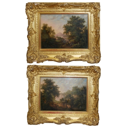 989 - PATRICK NASMYTH, 1787 – 1831, A PAIR OF OILS ON CANVAS
Figures in a wooded river landscape, both sig... 