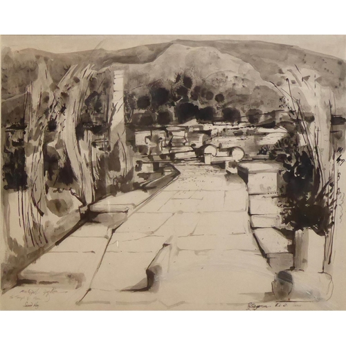 983 - MICHAEL AYRTON, 1921 - 1975, PEN, INK AND WASH
Titled ‘The Sacred Way, The Temple of Hera, 1963’, in... 