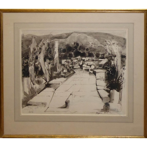 983 - MICHAEL AYRTON, 1921 - 1975, PEN, INK AND WASH
Titled ‘The Sacred Way, The Temple of Hera, 1963’, in... 