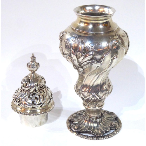 412 - ROBERT TYRILL, A RARE GEORGE III SILVER SUGAR CASTER 
Having a scrolled and pierced dome lid and roc... 