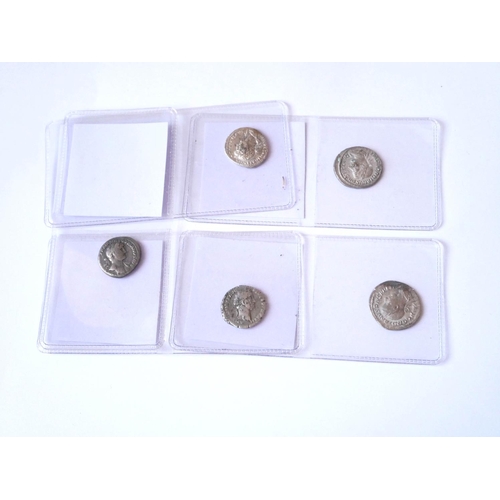 377 - A COLLECTION OF FIVE ROMAN SILVER COINS
Hadrian 119-122 AD, Pm Tr P Cos III Arternitas, 117-138 Ad P... 