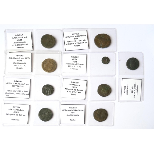 379 - A COLLECTION OF TEN ROMAN BRONZE COINS
Caracalla AD 214 AD PM TR P XBIII Aesculapius, Ae28 Nikopolis... 