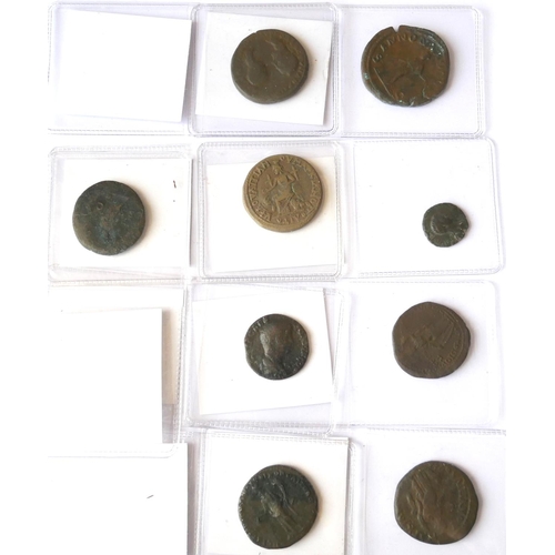 379 - A COLLECTION OF TEN ROMAN BRONZE COINS
Caracalla AD 214 AD PM TR P XBIII Aesculapius, Ae28 Nikopolis... 