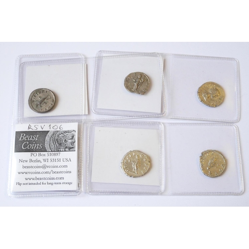 386 - GETA, A COLLECTION OF FIVE ROMAN SILVER COINS
Felicitas Tempor, Vota Pvblica Geta as a Priest, Laodi... 