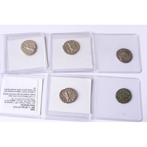 390 - GETA, A COLLECTION OF FIVE ROMAN SILVER COINS
Felicitas Pvbica, Laodicae 199-209AD, Minerva Dance Mi... 