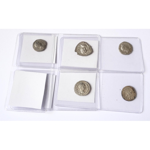 397 - CARACALLA, A COLLECTION OF FIVE ROMAN SILVER COINS 
Liberal AVG VIIII, Rome 213AD Moneta AVG, 210 AD... 