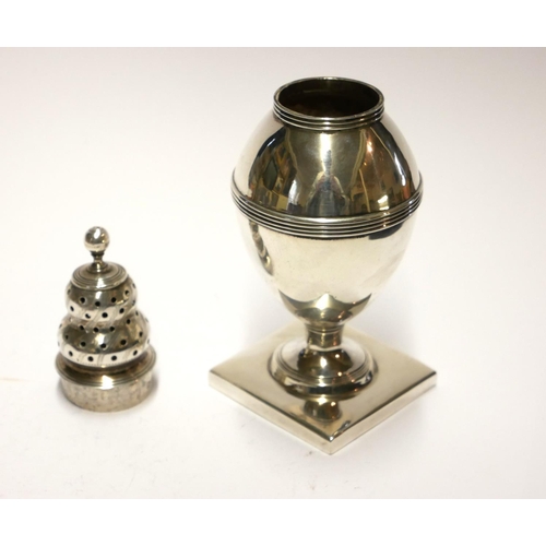 421 - A GEORGIAN SILVER BALUSTER CASTER
On square base, hallmarked John Merry, London, 1809.
(approx 15cm)... 