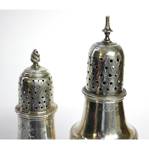 424 - TWO GEORGIAN SILVER CASTERS
Comprising a caster with square base, hallmarked London, 1802 and London... 