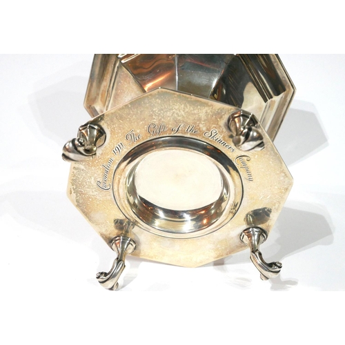 460 - AN EARLY 20TH CENTURY SILVER COMMEMORATIVE OCTAGONAL TAZZA STAND
Raised on four scrolled feet, hallm... 