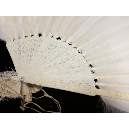 603 - A 19TH CENTURY CHINESE IVORY AND OSTRICH FEATHER FAN
The arrangement of white feathers with finely c... 