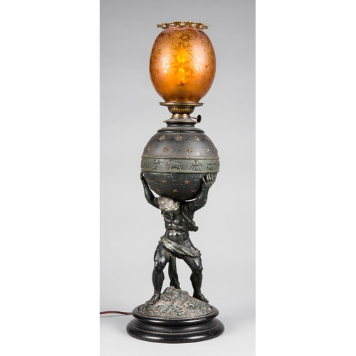 242 - A RARE LATE 19TH/EARLY 20TH CENTURY GRAND TOUR HERCULES GLOBE LAMP.
(h 74cm)