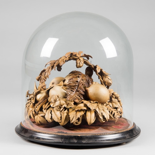 244 - A RARE 19TH CENTURY ORNAMENTAL LEATHER WORK FRUIT BASKET DISPLAY UNDER GLASS DOME.
(h 30cm x w 35cm ... 