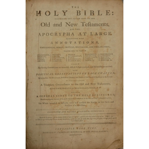 525 - THE HOLY BIBLE
Printed by Lancelot Dipsdale, Newcastle-upon-Tyne, 1785, folio, leather ex libris pla... 