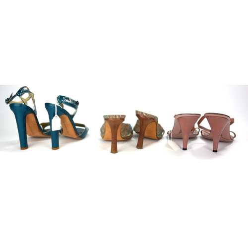 709 - THREE PAIRS OF VINTAGE DESIGNER LEATHER AND FABRIC HIGH HEEL LADIES’ SHOES
Including Manolo Blahnik ... 