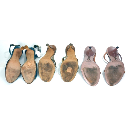 709 - THREE PAIRS OF VINTAGE DESIGNER LEATHER AND FABRIC HIGH HEEL LADIES’ SHOES
Including Manolo Blahnik ... 