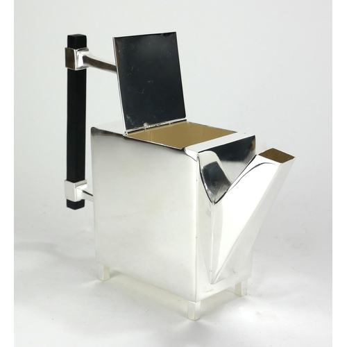 731 - A SILVER PLATED ANGULAR SQUARE FORM TEAPOT
With ebonised handle in the manner of Dr. Christopher Dre... 