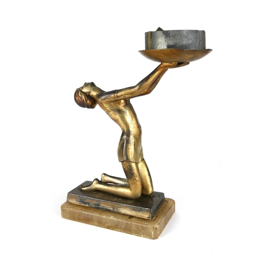 769 - AN ART DECO SPELTER AND ONYX FIGURAL LAMP
Seminude female in kneeling pose, on a rectangular onyx ba... 