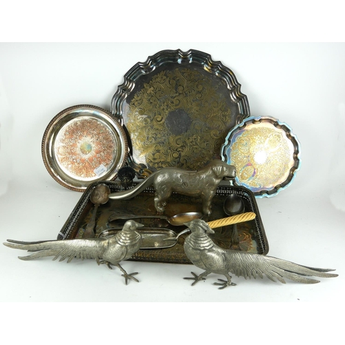 805 - A QUANTITY OF ASSORTED SILVER PLATED ITEMS
To Include two pheasants, serving trays, napkin rings etc... 