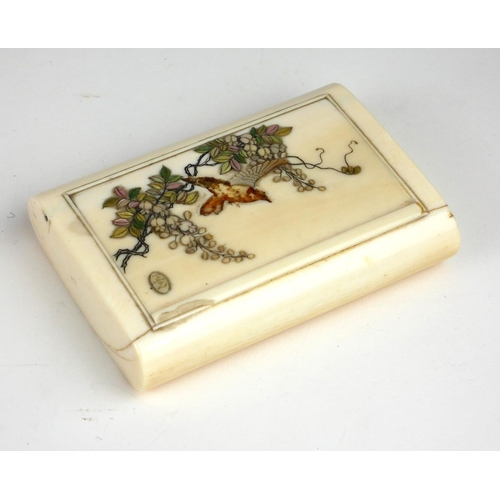 245 - A 19TH CENTURY JAPANESE IVORY AND MOTHER OF PEARL RECTANGULAR BOX INLAID WITH FLOWERS AND BIRDS.
(ap... 