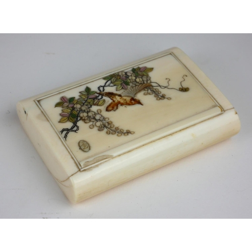 245 - A 19TH CENTURY JAPANESE IVORY AND MOTHER OF PEARL RECTANGULAR BOX INLAID WITH FLOWERS AND BIRDS.
(ap... 