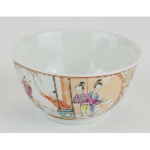 251 - A CHINESE PORCELAIN 'GILT GROUND' TEABOWL
Hand painted with two oval pictorial cartouche featuring f... 