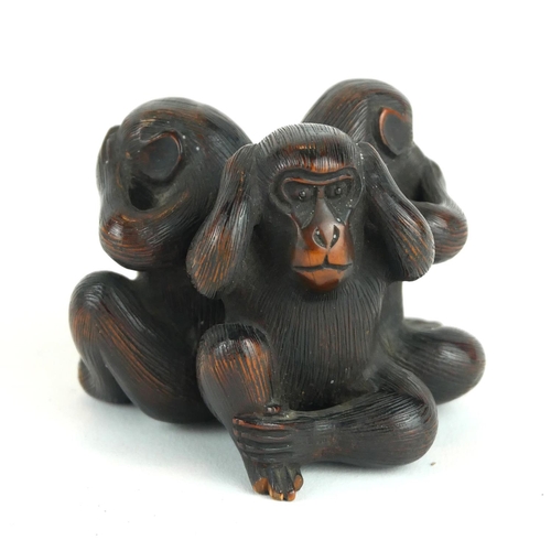 256 - A JAPANESE MEJI PERIOD ROOT CARVING, THREE MONKEYS, ‘HEAR NO EVIL, SPEAK NO EVIL, SEE NO EVIL’.
(4.5... 