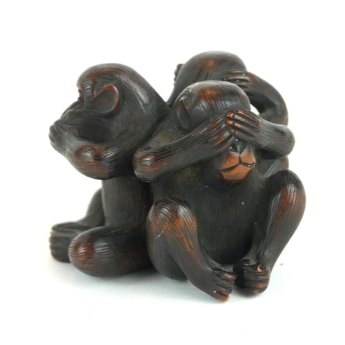 256 - A JAPANESE MEJI PERIOD ROOT CARVING, THREE MONKEYS, ‘HEAR NO EVIL, SPEAK NO EVIL, SEE NO EVIL’.
(4.5... 