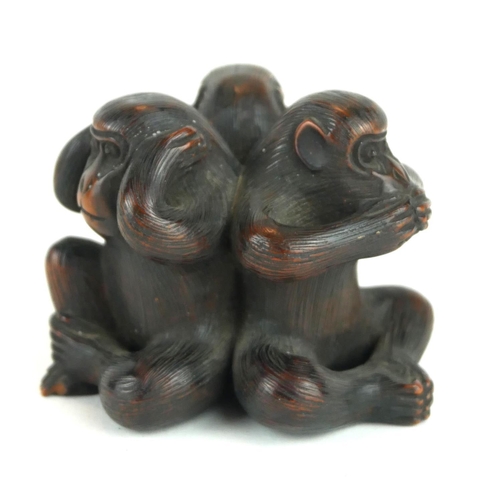 256 - A JAPANESE MEJI PERIOD ROOT CARVING, THREE MONKEYS, ‘HEAR NO EVIL, SPEAK NO EVIL, SEE NO EVIL’.
(4.5... 