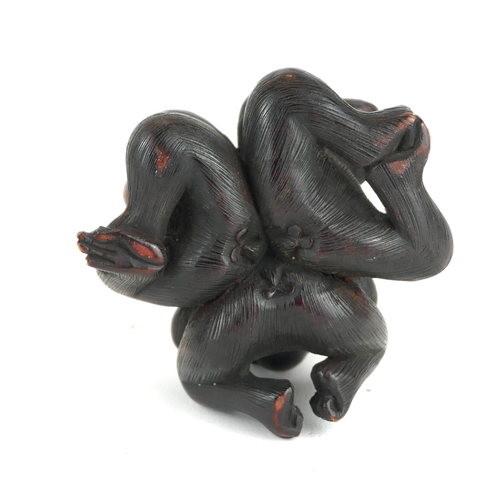 256 - A JAPANESE MEJI PERIOD ROOT CARVING, THREE MONKEYS, ‘HEAR NO EVIL, SPEAK NO EVIL, SEE NO EVIL’.
(4.5... 