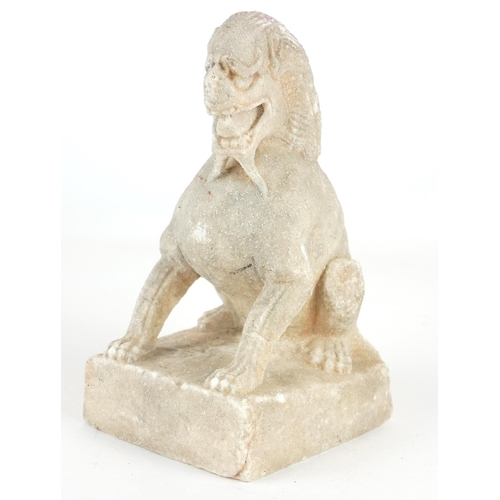 258 - A CHINESE CARVED STONE TEMPLE LION
Seated pose with grotesque features, on a square plinth.
(approx ... 