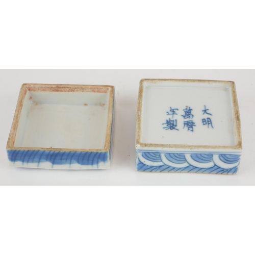 266 - A CHINESE BLUE AND WHITE PORCELAIN SQUARE TRINKET BOX
Painted decoration, dragon chasing a flaming p... 