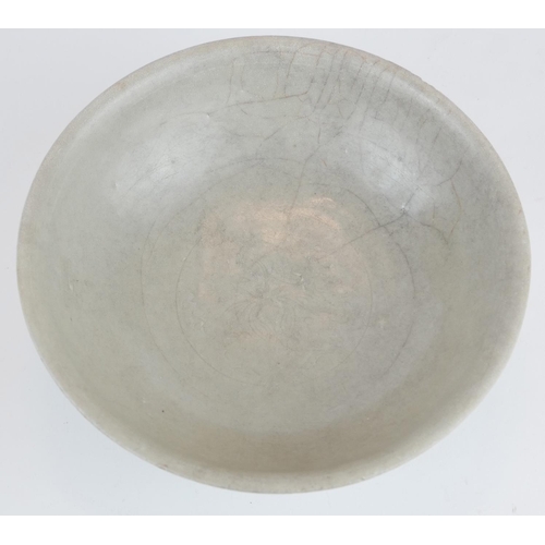 280 - A CHINESE CELEDON GLAZED POTTERY SHALLOW BOWL
With unglazed footrim.
(approx 18cm x 7cm)